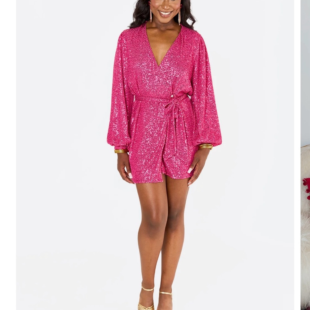 Buddy Love Hot Pink Sequin Long Sleeve Wrap Dress